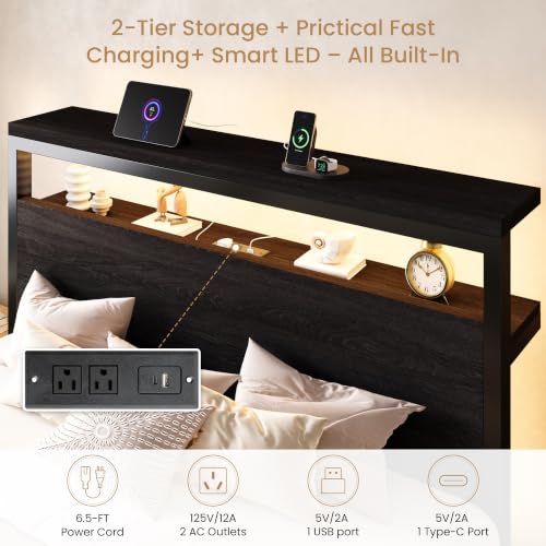 Queen Bed Frame, 2-Tier Storage Headboard, LED, Charging Station, view 5