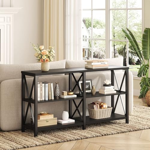 Black Console Table, Modern Sofa Table Behind Couch, Industrial Entryway Table for Hallway Living Room, Farmhouse Wooden Metal Entry Table for Foyer with 3-Tier Storage Shelves, Black Oak, 55 Inch