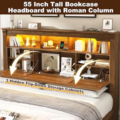 Farmhouse King Size Bed Frame with 55" Tall Storage Headboard & 4 Drawers, view 5