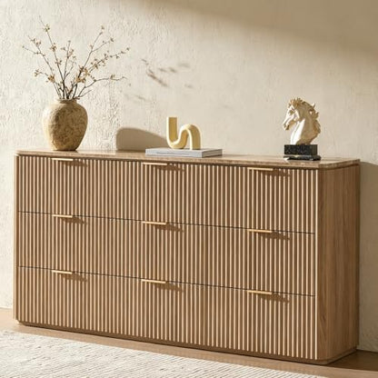 63"W Fluted 9 Drawer Bedroom Dresser, with Faux Marble Top,Natural Oak, view 7