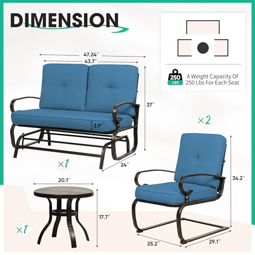 Patio Conversation Sets - Outdoor Metal Furniture Set (Peacock Blue, Wrought Iron, 4Pcs Including Glider, Bistro Table, 2 Spring Lounge Chairs)