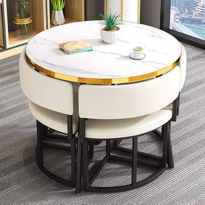 Round Dining Table Set for 4 with Chairs Kitchen Dining Furniture Reception Table and Chair Combination Space Saving Small Apartment Coffee Table Set,White-One Size