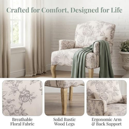 Floral Accent Chairs Farmhouse Upholstered Armchair Linen Reading Chair Mid Century Modern Single Sofa Chair with Pillow for Bedroom/Living Room/Fireplace, Beige, 1PC