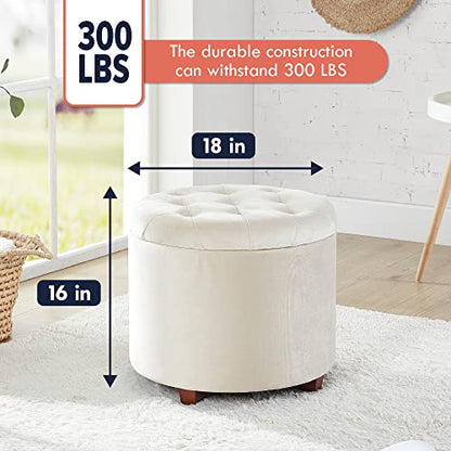 18" Round Storage Ottoman with Lid, Holds 300 lbs, Cream | Velvet Tufted Fabric; Foot Rest Stool & Vanity Chair For Living Room, Bedroom Or Entryway