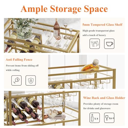 Bar Cart Gold, Home Bar Serving Cart with Wine Rack and Glasses Holder, view 7
