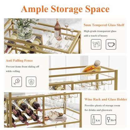 Bar Cart Gold, Home Bar Serving Cart with Wine Rack and Glasses Holder, view 7
