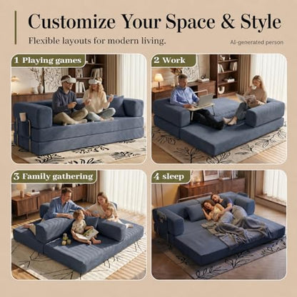 Folding Sofa Bed Convertable Corduroy Couch King Size Floor Sleeper 4-in-1 DIY Combination Modular Sofa Fold Out Futon Lounge Comfy Foldable Lazy cama for Living Room