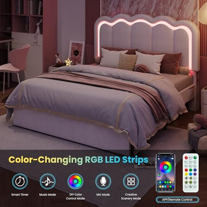 Queen Size Bed Frame with LED Lights and Storage Drawer, White, view 4