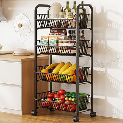 3 Tier Rolling Cart,Simple Trending 4 Tier Rolling Fruit Vegetable Basket Cart with 4 Detachable Wheels,Storage Rack for Kitchen,Bedroom for Bread Onion Potatoes(4 Floors)