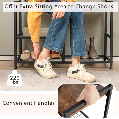 Coat Rack Shoe Bench, 3-in-1 Industrial Hall Tree w/Storage Bench & 9 Hanging Hooks, 3-Tier Wood Look Entryway Bench w/Metal Frame, Adjustable Foot Pads for Dorm, Apartment, Hall, Brown