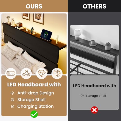 King Size Bed Frame, Led Light, Charging Station, Storage Shelf, view 7