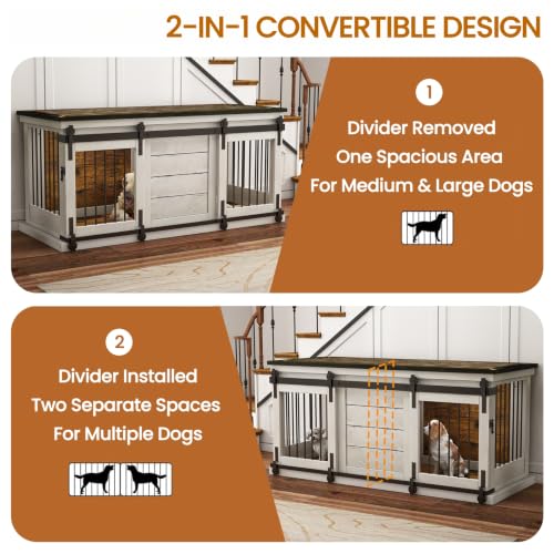 62" Farmhouse Dog Crate Furniture for 2 Large Dogs, Antique White, view 4