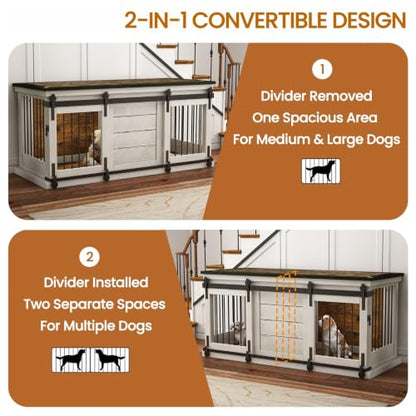 62" Farmhouse Dog Crate Furniture for 2 Large Dogs, Antique White, view 4