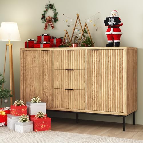 Sideboard Buffet Cabinet with Storage, Modern Fluted Cabinet with 2 Doors 3 Drawers, Coffee Bar Accent Storage Credenza, for Kitchen, Living, Dinning Room, Oak