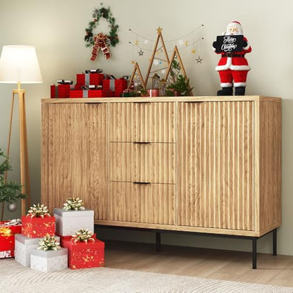 Sideboard Buffet Cabinet with Storage, Modern Fluted Cabinet with 2 Doors 3 Drawers, Coffee Bar Accent Storage Credenza, for Kitchen, Living, Dinning Room, Oak