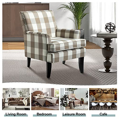 Modern Accent Chair with Arms and Wooden Legs, Mid Century Accent Chair Armchair High Back Rest, Padded Armrest and Comfortable Cushioned Seat for Living Room (Buffalo Beige)