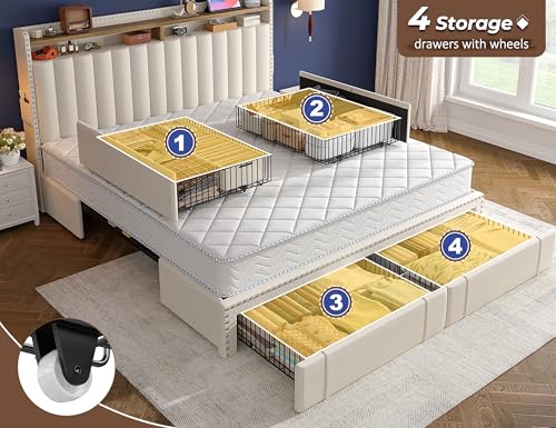 King Size Bed Frame with 4 Storage Drawers & Storage Headboard, view 4