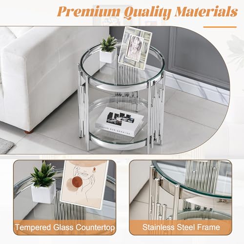 20" Round Glass End Table, 2-Tier Silver Side Table with Stainless Steel Legs and Clear Tempered Glass, Modern Luxury End Table for Living Room Home Office