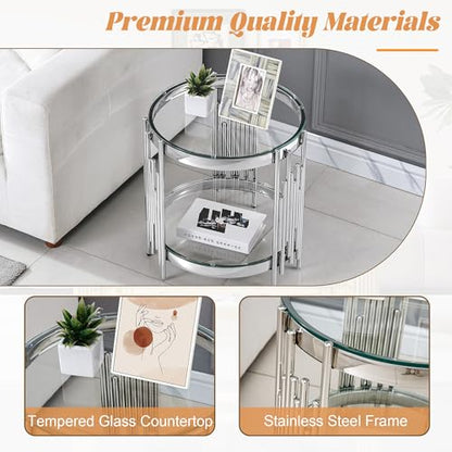 20" Round Glass End Table, 2-Tier Silver Side Table with Stainless Steel Legs and Clear Tempered Glass, Modern Luxury End Table for Living Room Home Office