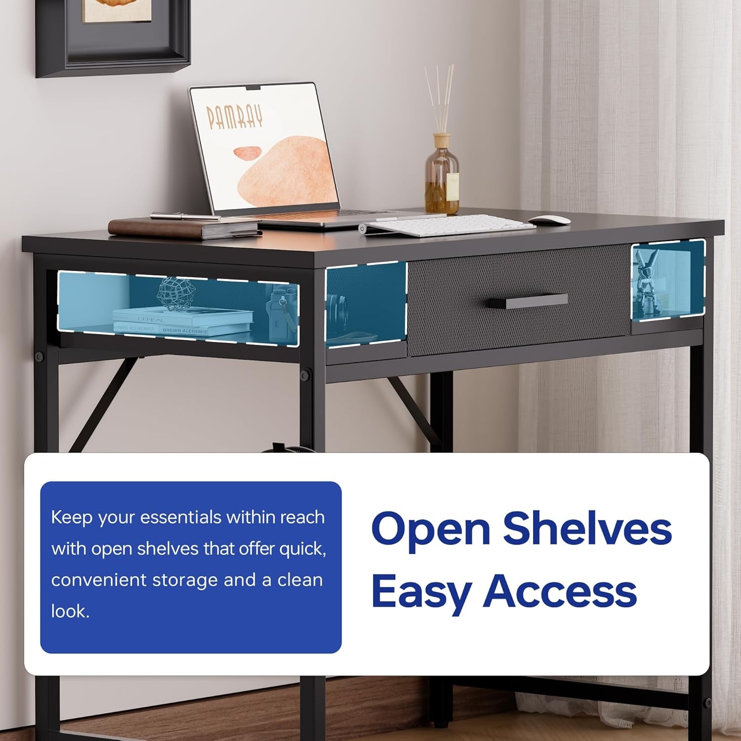 32 Inch Small Computer Desk with Drawer and Shelves Simple Study Work Table for Bedroom Marble