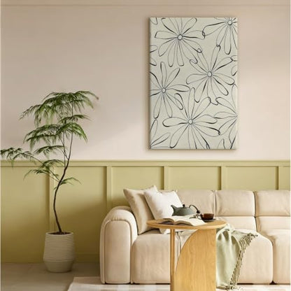 Black Line Daisy Flower Pattern Wall Art Canvas Print, minimal floral line art artwork in black and cream for bedroom, bedroom, office, apartment, modern farmhouse, and(20x30Inch,Gallery Wrapped）