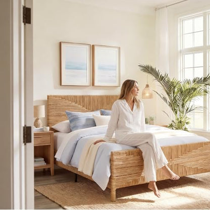Boho Full Rattan Bed Frame with Headboard and Footboard, Hand Woven PE Wicker Bed, Mid Century Modern Metal Bedframe with Bamboo Style Design, Sturdy Metal Slats, 1000lbs, No Box Spring Needed
