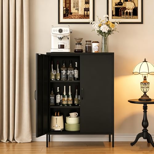 Metal Locker Cabinet, Black Storage Cabinets with 2 Doors and Adjustable Shelves, 3 Tier Modern Storage Freestanding Sideboard for Living Room,School,Office Home Kitchen and Coffee Bar