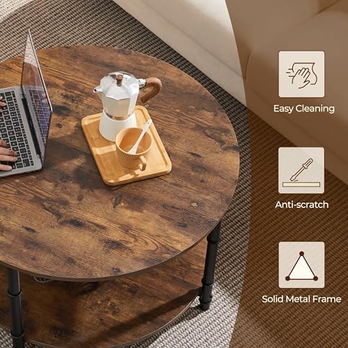 Round Coffee Table with Storage Shelf, 2-Tier 31.5" Rustic Brown, view 6