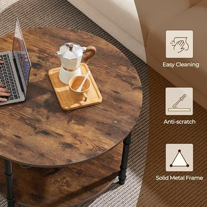 Round Coffee Table with Storage Shelf, 2-Tier 31.5" Rustic Brown, view 6