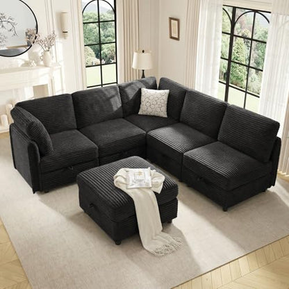 Modular Sectional Sofa V-Shaped 6 Seater Couch with Storage Ottoman, Convertible L/J-Shaped Couch and Sofa Bed Plush Wide-Wale Corduroy for Living Room, Apartment, Modern Design, Black