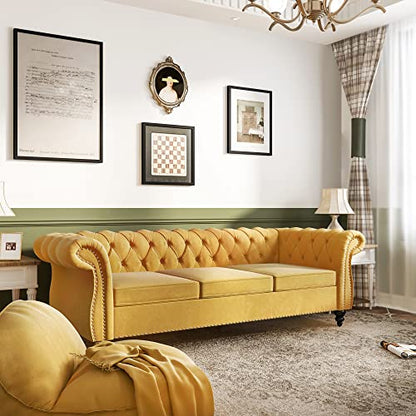 Chesterfield Sofa Velvet, Modern Tufted Couch 3 Seater with Rolled Arms and Nailhead for Living Room, Bedroom, Office, Apartment (Mango)