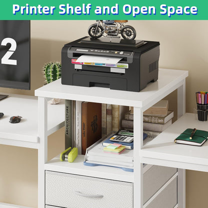 93'' Two Person Desk with Charging Station, Long Desk with 3 Drawers and Printer Shelf, Double Computer Desk, 2 Person Writing Study Table Workstation for Home Office, White