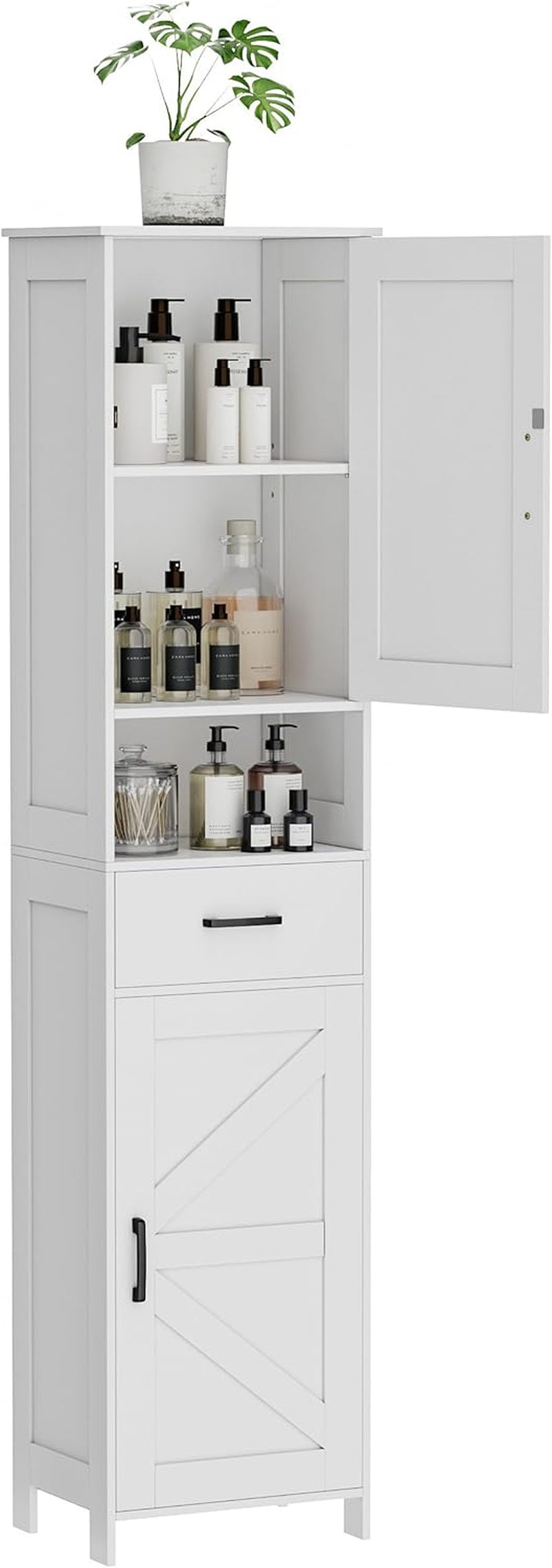 67" H Tall Bathroom Storage Cabinet with 2 Barn Doors and 1 Drawer, Narrow Storage Unit, Adjustable Shelves, Floor Cabinet for Bathroom, Living Room, Entryway, Kitchen, White, (15.7" W)