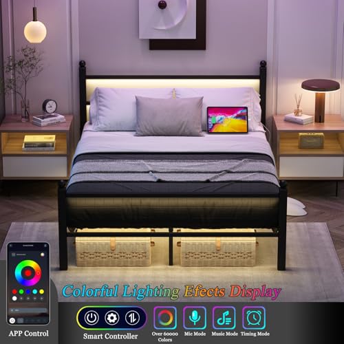 Full Size Bed Frame with Charging Station & LED Lights, view 4