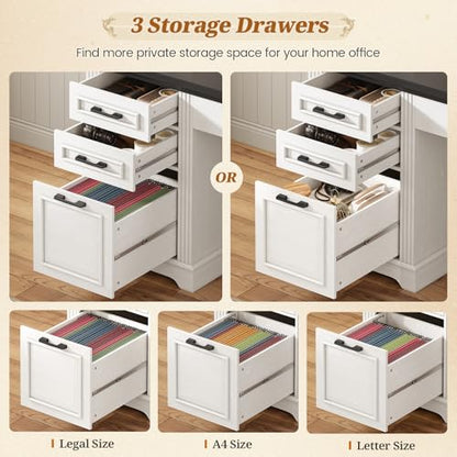 Farmhouse L Shaped Desk with Hutch and 3 Drawers, 68.9" Executive Office Desk with File Drawer and Power Outlet, Corner Computer Desk with Storage Shelves for Home Office, White