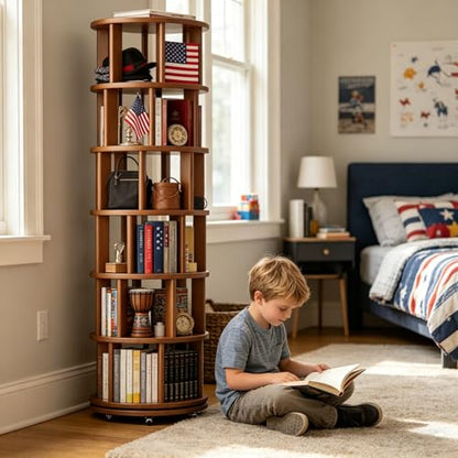 6 Tier Rotating Bookshelf Tower, Solid Wood Bookshelf on Wheels, Circular Book Shelf Rotating, Revolving Bookcase for Small Spaces, Corner Book Case, Spinning Book Shelf for Bedroom, Walnut