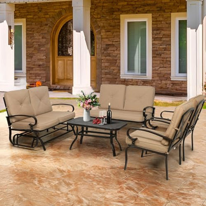 5-Piece Outdoor Metal Furniture Sets Patio Conversation Set Wrought Iron Glider, 2 Single Chairs, Loveseat and Coffee Table, Brown