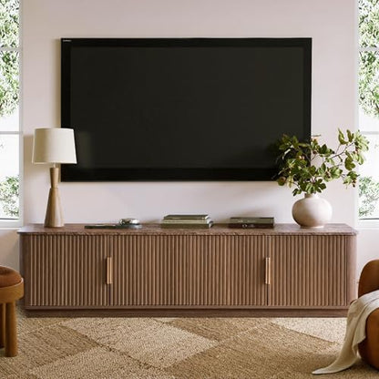 67" Fluted TV Stand with Storage, Faux Marble Top, Walnut, view 2