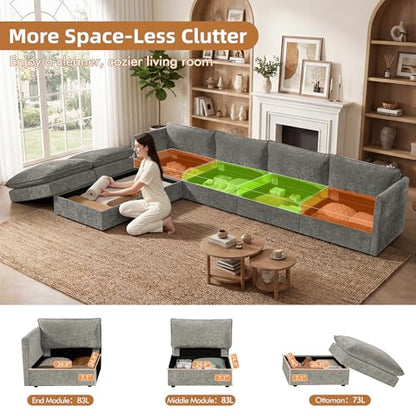 Modular Sectional Sofa with Storage Ottomans,134" U-Shaped Cloud Couch,Comfy Modern Couches with Pillows & Upholstered Deep Seat Cushion for Apartment Living Room Bedroom（Gray）