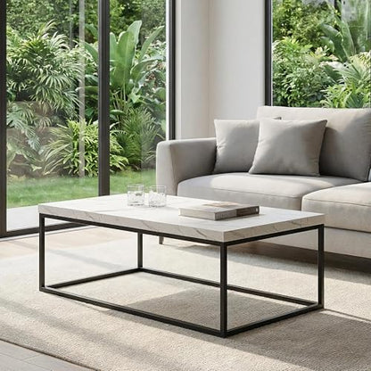 47-Inch White Marble Coffee Table/Center Table, Large Size | Extra Thick 1.6" Honey-comb Top, Rectangle, Minimalist Modern Industrial Style, Wood and Metal Cocktail Table
