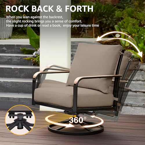 Patio Furniture Sets,4 Pieces Metal Outdoor Conversation Sofa Set with High Back Swivel Rocking Chairs with Anti-Scald Armrest,Double-Deck Wooden-Grain Table,6" Cushions for Yard