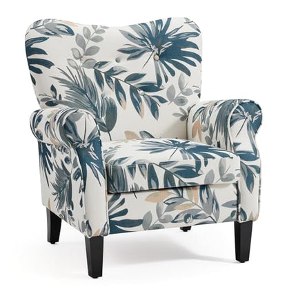 Modern Accent Chair,High Back Armchair,Upholstered Fabric Button Single Sofa with Wooden Legs for Living Room,Bedroom,Blue Leaves