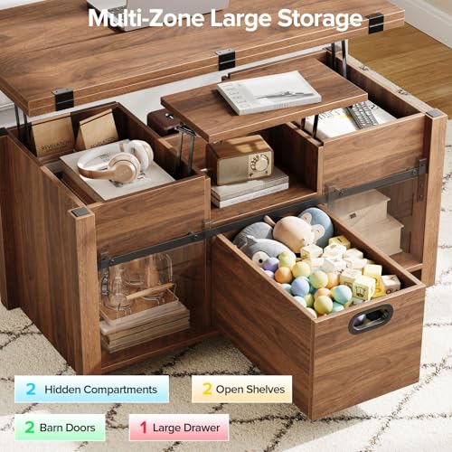 40" Farmhouse Lift Top Coffee Table with Storage Drawers,Walnut | 4 in 1 Multi-Function Coffee Tables with Sliding Barn Door & Hidden Compartment,Converts to Dining Table for Living Room