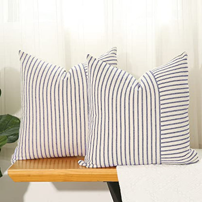 Navy Blue and Beige Patchwork Farmhouse Throw Pillow Covers 18 x 18 Inch, Pack of 2 Striped Linen Decorative Pillow Case for Sofa Couch Chair Bedroom Modern Decor(Navy Blue)