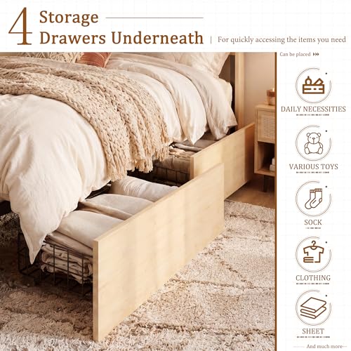 Natural Rattan King Bed Frame with Headboard, 4 Storage Drawers, view 7