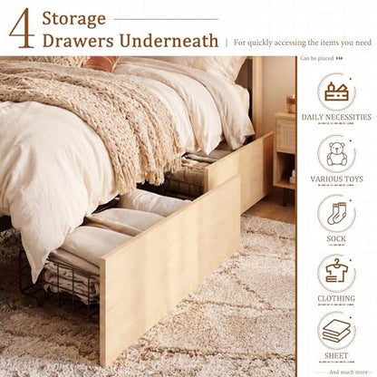 Natural Rattan King Bed Frame with Headboard, 4 Storage Drawers, view 7