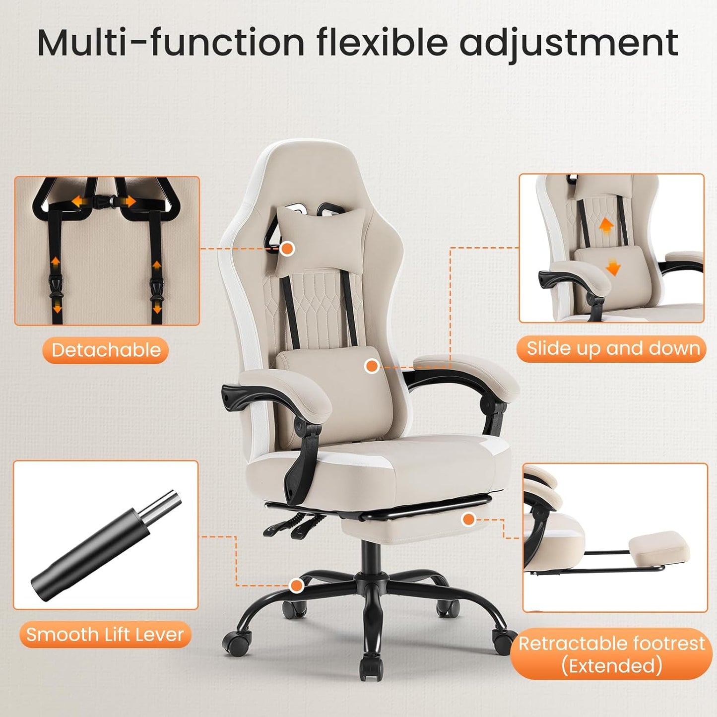 Computer Gaming Chair - High Back Ergonomic Desk Chair with Footrest and Lumbar Support, Height Adjustable Task Chair with Linkage Armrests and Headrest, 360° Swivel Wheels, Khaki