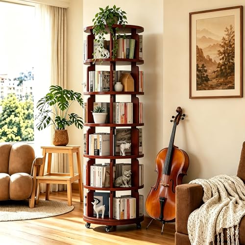 6 Tier 360° Rotating Solid Wood Bookshelf with Wheels, view 2