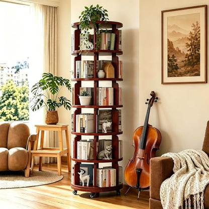 6 Tier 360° Rotating Solid Wood Bookshelf with Wheels, view 2