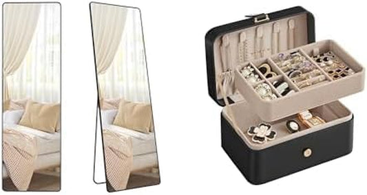 Full Length Mirror, 63 X 19.7 Inches, Full Body Mirror with Stand, Jewelry Box, Travel Jewelry Case, 2-Layer Jewelry Holder Organizer ULFM030B01 & UJBC166B01